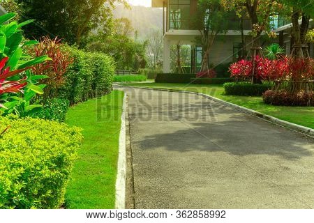 The Front Lawn Yard In A Beautiful Garden And Gray Road With Green And Red Leaves Shurb Of A House L