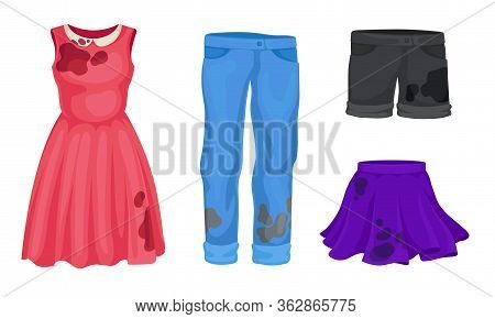 Laundry Or Clothes With Stained Dress And Jeans Vector Set