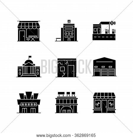 Urban Building Exteriors Black Glyph Icons Set On White Space. Cafe Exterior. Hospital Entrance. Sta