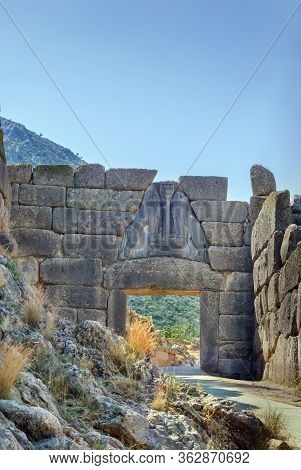 Lion Gate Was The Main Entrance Of The Bronze Age Citadel Of Mycenae, Greece