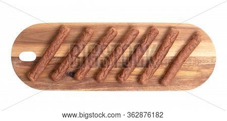 Wooden Tray With Frikadellen, A Dutch Fast Food Snack, Isolated