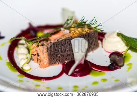 The Food In The Restaurant. Food Styling And Restaurant Meal Serving. Gourmet Restaurant Menu Concep