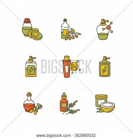 Hair Oils Rgb Color Icons Set. Coconut Cosmetic Mask In Jar Package. B5 Panthenol In Tube. Antistati