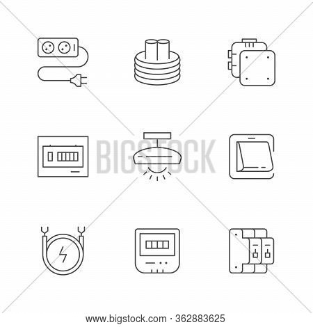 Set Line Icons Of Electricity Isolated On White. Cable Extension, Junction Box, Fusebox, Lighting Eq