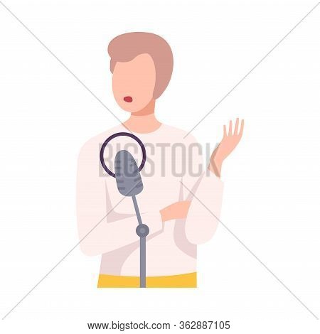Young Man With Microphone Talking Or Singing In Studio Flat Vector Illustration