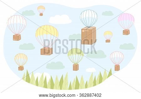 Parcels Flying In Sky On Colorful Parachutes Flat Cartoon Vector Illustration. Sending Purchases To 