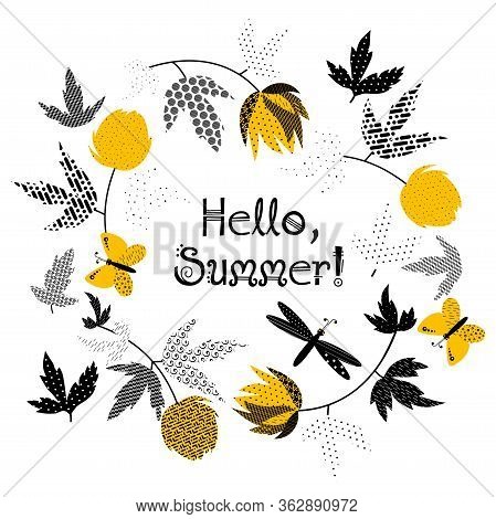Yellow Wild Flower And Butterflies And Dragonfly On White Background. Summer Floral Circle Border. V
