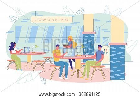 Freelancer Team At Coworking Shared Workplace Area. Man And Woman People Working At Computer, Sittin