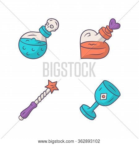 Magic Color Icons Set. Magical Death And Love Potions, Witch Wand, Ceremonial Chalice. Witchcraft, O
