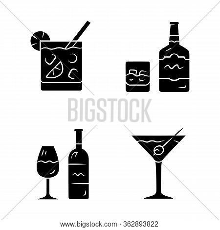 Drinks Glyph Icons Set. Cocktail In Lowball Glass, Whiskey, Wine, Martini. Alcoholic Beverages For P