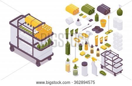 Isometric Set Hotel Trolley Or Housemaid Cart For Cleaning Staff With Disposable Personal Care Produ
