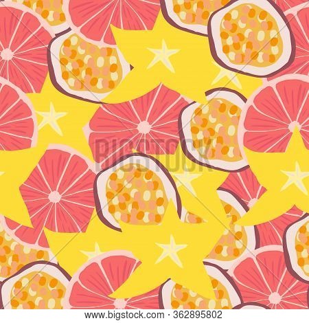 Juicy Fruits: Grapefruit, Carambola, Passion Fruit. Vector Element Of Seamless Pattern.