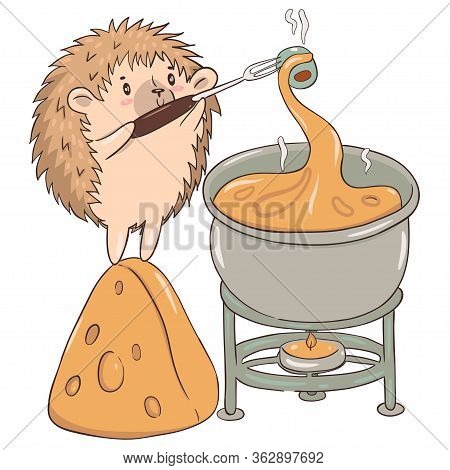 Hedgehog Prepares Cheese Fondue Isolate On A White Background. Vector Image.