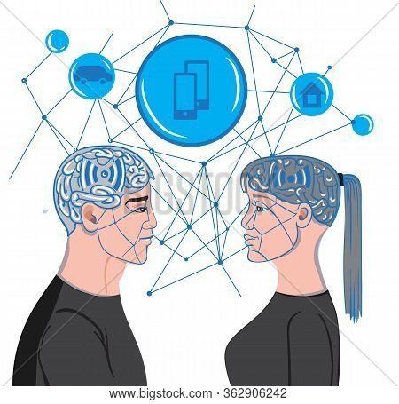 Man And Woman Brains Making Virtual Mesh Connections While Looking At Each Others