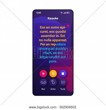 Karaoke Fun Smartphone Interface Vector Template. Mobile App Page Violet Design Layout. Song Lyrics,