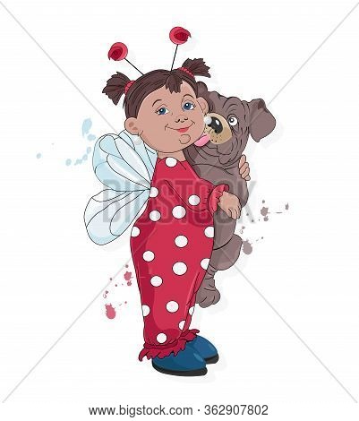 Little Kid In Ladybug Clothes Holding Pug Dog Licking Her