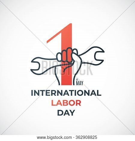 Labor Day Concept Banner With Red Number 1 And Hand Holding Wrench. 1st May, Labor Day. Stock Vector