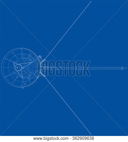 Communication Satellite Concept Outline. Vector Rendering Of 3d. Wire-frame Style. The Layers Of Vis
