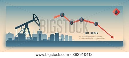 Concept Design Of The Oil Industry. Oil Price Drops Down. Vector Oil Factory Silhouette For Websites