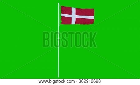 Denmark Flag Waving On Wind On Green Screen Or Chroma Key Background. 3d Rendering