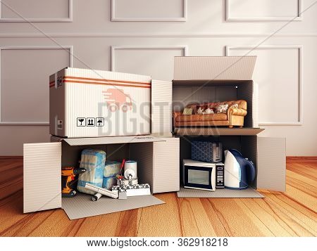Concept Of Delivery Of Goods For Home Repair Goods Furniture And Household Appliances In Open Boxes 