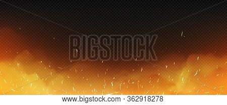 Realistic Fire With Smoke And Weld Sparks, Flame Isolated On Transparent Background. Burning Campfir