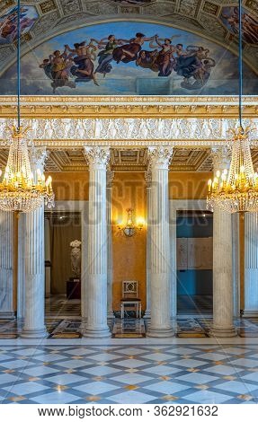 Rome, Italy - August 20, 2017:  Villa Torlonia, The Columns And Decorations Of The Ballroom