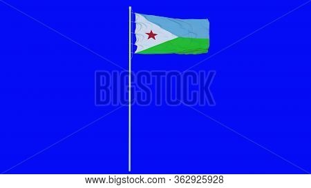 Djibouti Flag Waving On Wind On Blue Screen Or Chroma Key Background. 3d Rendering