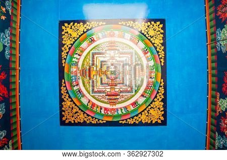 Colorful Prayer Flags Connected Boudha Stupa In Kathmandu, Nepal. The Great Stupa Bodnath In Kathman