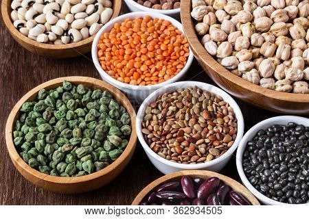 Various Assortment Of Indian Legumes - Beans, Chickpeas, Lentils, Dal Top View. Vegetable Proteins. 