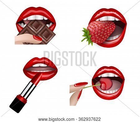 Set Of Red Lips. Female Lips With Chocolate, Strawberry,  Lipstick And Cherry
