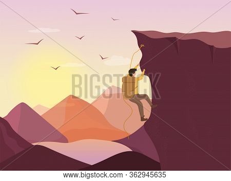 Mountaineer Rock Climbing Approaching The Summit With Birds Circling Above And Distant Mountain Peak