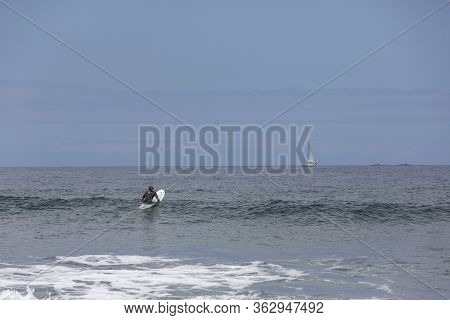 The Surf Enters The Water. Male Surfer Entering The Sea With His Board In A Black Surfing Suit. Tene