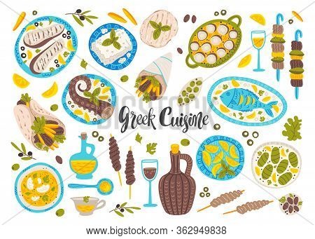 Greek Cuisine Flat Vector Illustrations Set. Tasty Moussaka, Fasolada And Gyros. Traditional Greece 