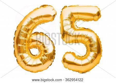 Number 65 Sixty Five Made Of Golden Inflatable Balloons Isolated On White. Helium Balloons, Gold Foi