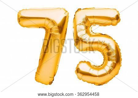 Number 75 Seventy Five Made Of Golden Inflatable Balloons Isolated On White. Helium Balloons, Gold F