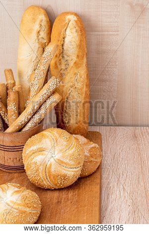 Сrisp Bread With Buns. French Baguettes. Fresh Crispbread. Bread Background. Different Breed  On Woo