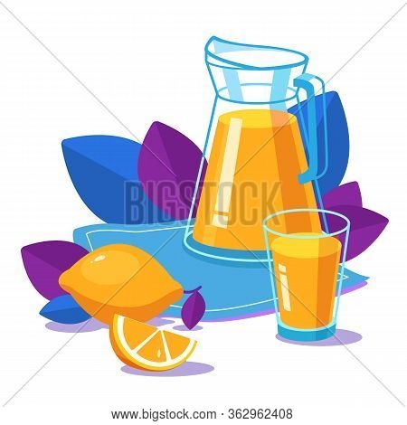 Jug Of Fresh Homemade Lemonade. Glass Of Tasty Lemonade. Still Life Food With Fresh Juicy Bright Lem