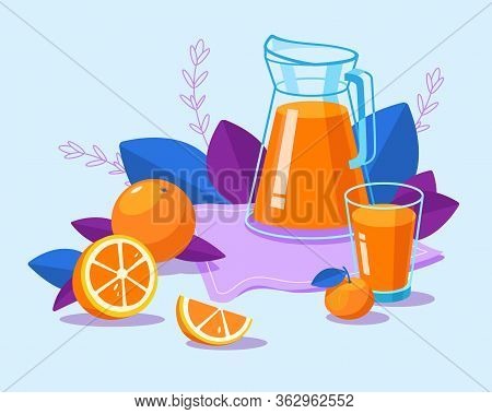 Bottle And Glass Of Tasty Orange Juice. Healthy Food. Still Life Food With Fresh Juicy Bright Orange
