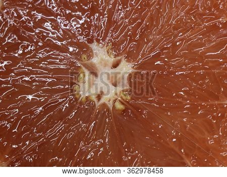Texture Of Grapefruit Slice, Close-up, Citrus Backgrounds. Macro Of Red Grapefruit. Fresh Grapefruit