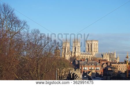 York, North Yorkshire, United Kingdom - 22 January 2020: A View Of York Minster From The City Walls 