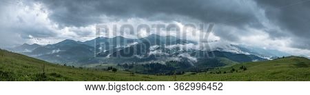 Carpathian mountain range panorama. Alpine landscape of western Ukraine