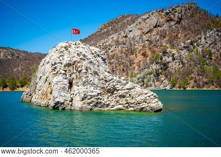 Mountain Lake. Emerald Water Reservoir Behind The Dam Oymapinar. Green Canyon In Manavgat Region, Tu