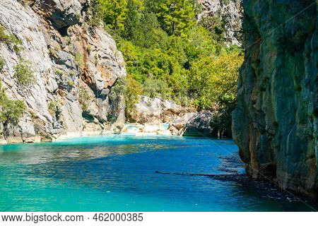 Mountain Lake. Emerald Water Reservoir Behind The Dam Oymapinar. Green Canyon In Manavgat Region, Tu