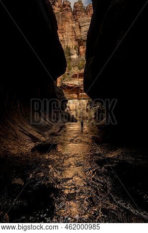 Hiker Stands In The Left Fork Of North Creek In Zion National Park