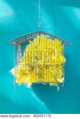 Bird Cage Filled With Yellow Feathers Hanging On A Blue Wall. Vertical Image. Copyspace.