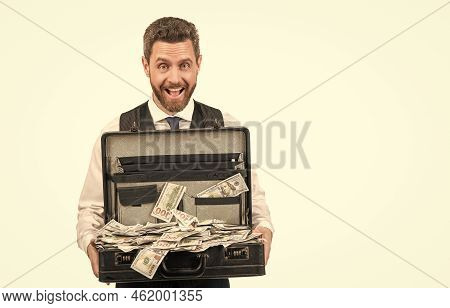 Surprised Businessman With Money Case Isolated On White Background, Copy Space, Investment.