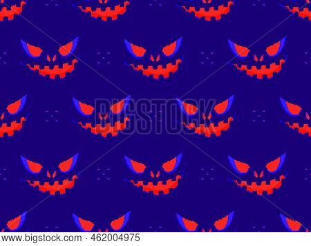Halloween Scary Face With Glowing Eyes In Pixel Style. Seamless Pattern With Scary Faces Carved On A