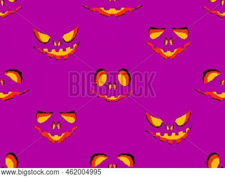 Halloween Scary Face With Glowing Eyes In Pixel Style. Seamless Pattern With Scary Faces Carved On A