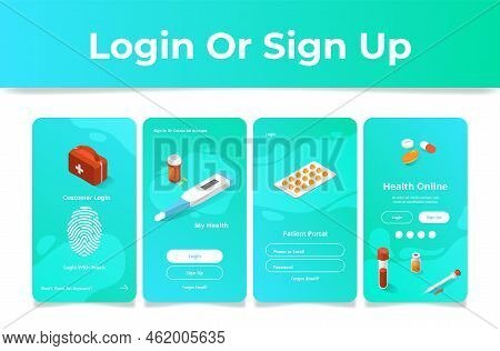 Patient Portal Mobile Screen Application Log In Sign Up Set Vector Illustration. Medical Healthcare